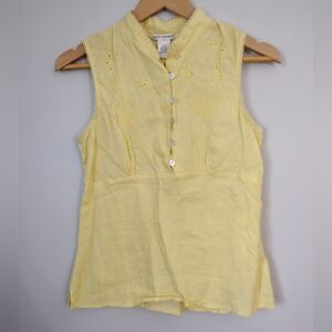 VTG 100% Irish linen sleeveless‎ embroidered beaded yellow blouse